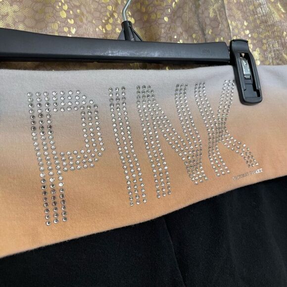 VTG Y2K PINK Rhinestone Logo Fold Over Ombre Orange Black Yoga Shorts Small - Picture 3 of 5